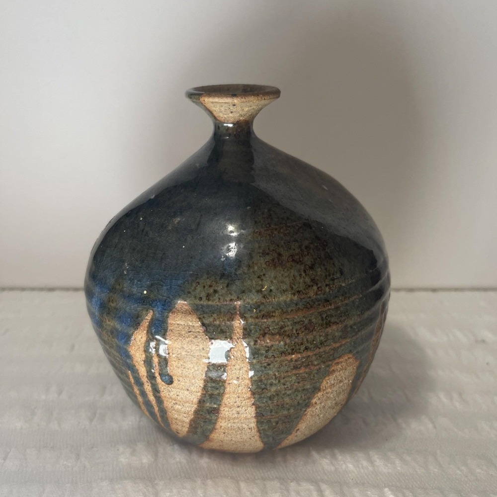 Vintage Studio Pottery Ceramic Bud Weed Vase, Signed , Earth Tone/Blue Handmade